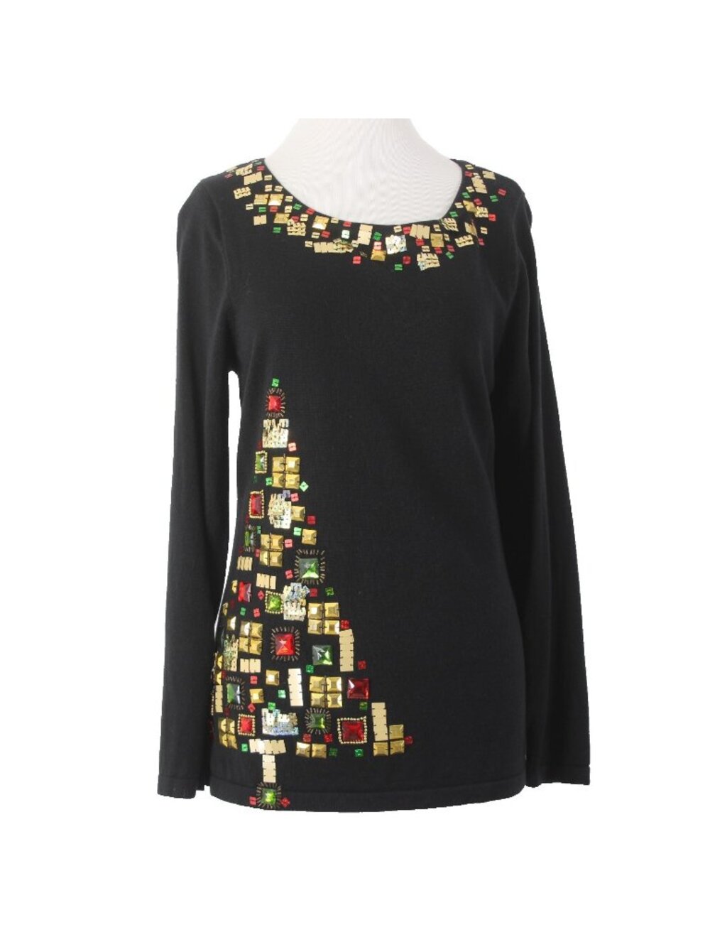Jack B Quick Top Sz M Black Multi Colored Beading Christmas Tree Ramie Cotton